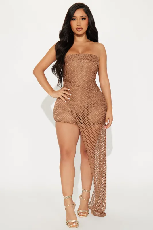 Vamos A La Playa Fishnet Romper - Mocha sold by Fashion Nova