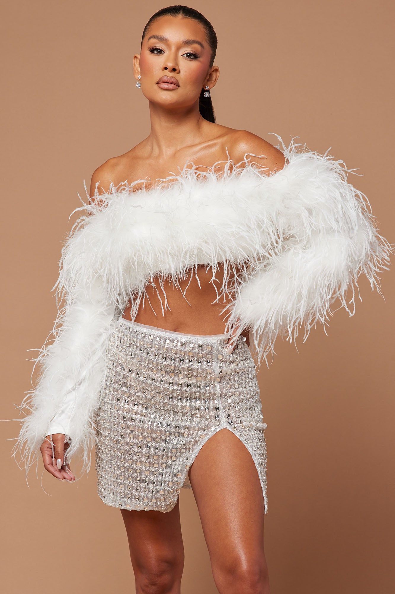 Kourt Feather Embellished Crop Top - White sold by Fashion Nova