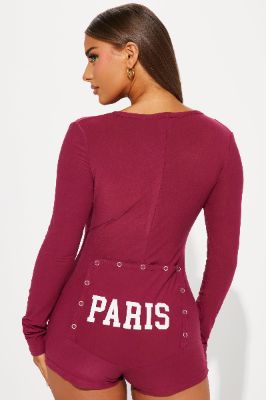 Paris Long Sleeve PJ Romper Onesie - Wine sold by Fashion Nova