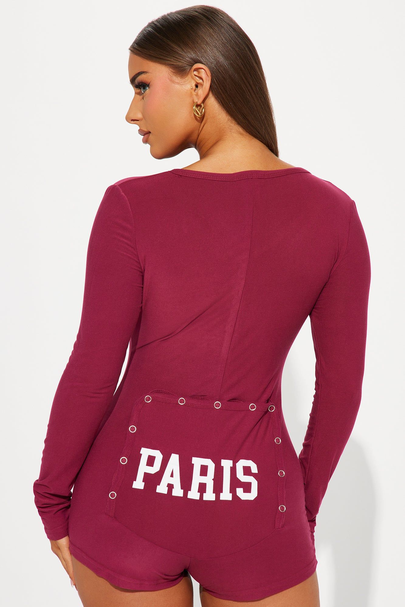Paris Long Sleeve PJ Romper Onesie - Wine sold by Fashion Nova