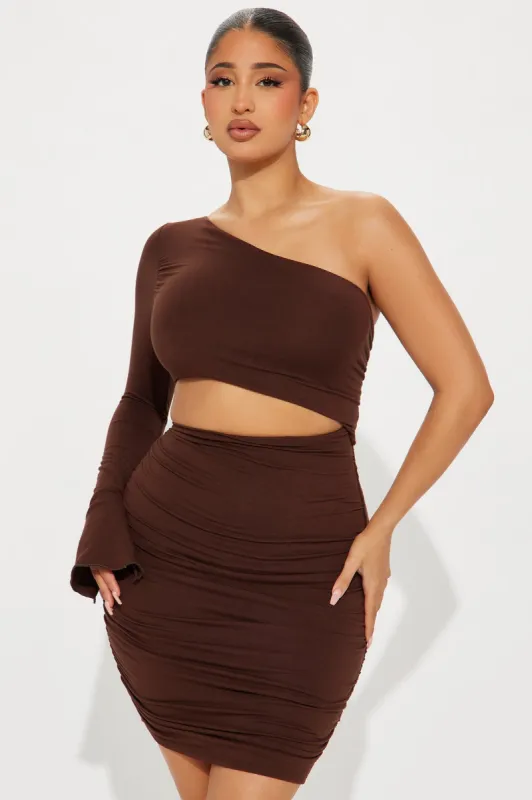 Lina Smooth Double Lined Mini Dress - Chocolate sold by Fashion Nova