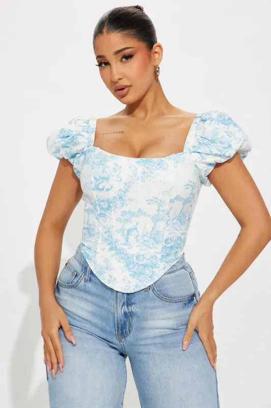 Small Town Girl Toile Corset Top - Blue/combo sold by Fashion Nova