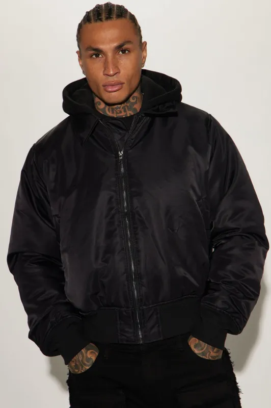 Can't Replace Nylon Hooded Bomber Jacket - Black sold by Fashion Nova
