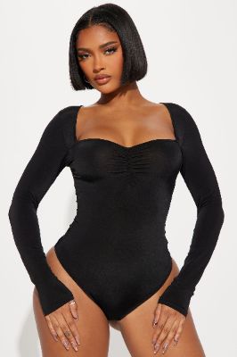 Michelle Ruched Bodysuit - Black sold by Fashion Nova