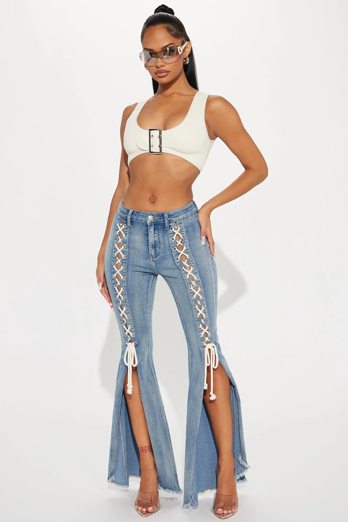 About That Life Stretch Lace Up Flare Jeans - Medium Wash sold by Fashion Nova