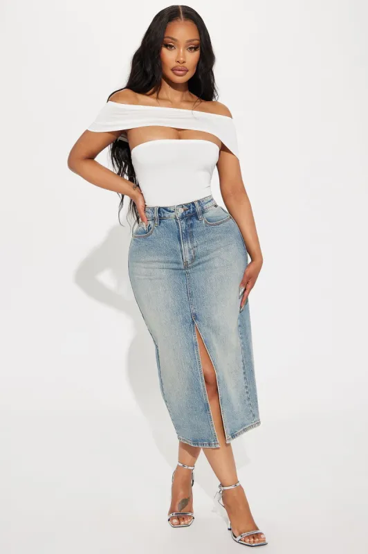 Open To It Tinted Denim Midi Skirt - Medium Wash sold by Fashion Nova