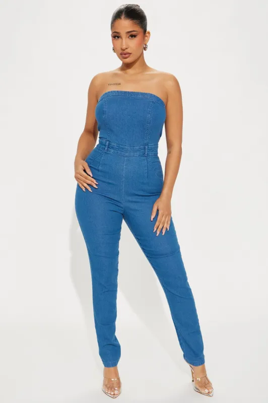 Christy Denim Jumpsuit - Medium Wash sold by Fashion Nova