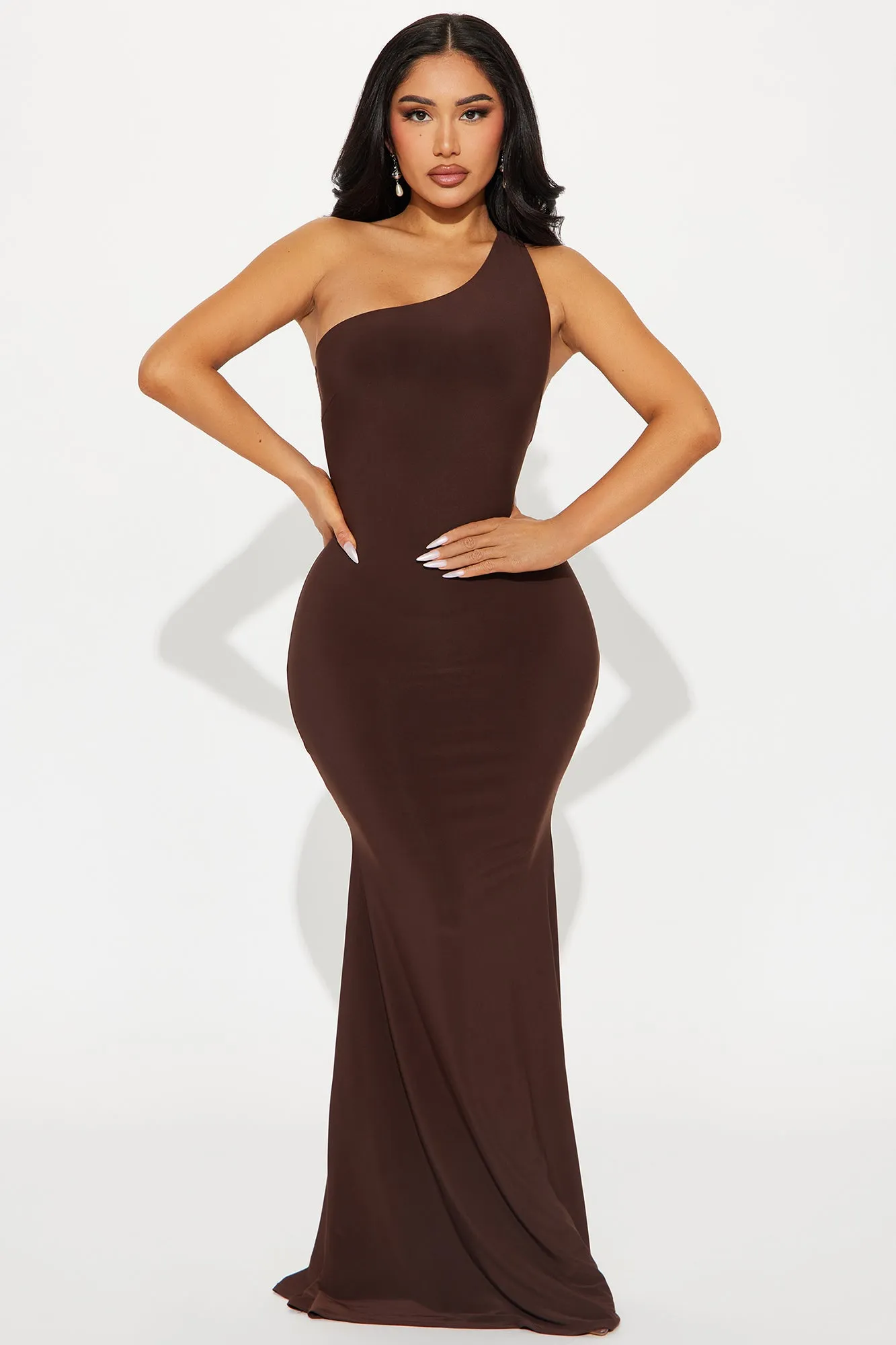 Pia One Shoulder Maxi Dress - Chocolate sold by Fashion Nova product image thumbnail 4