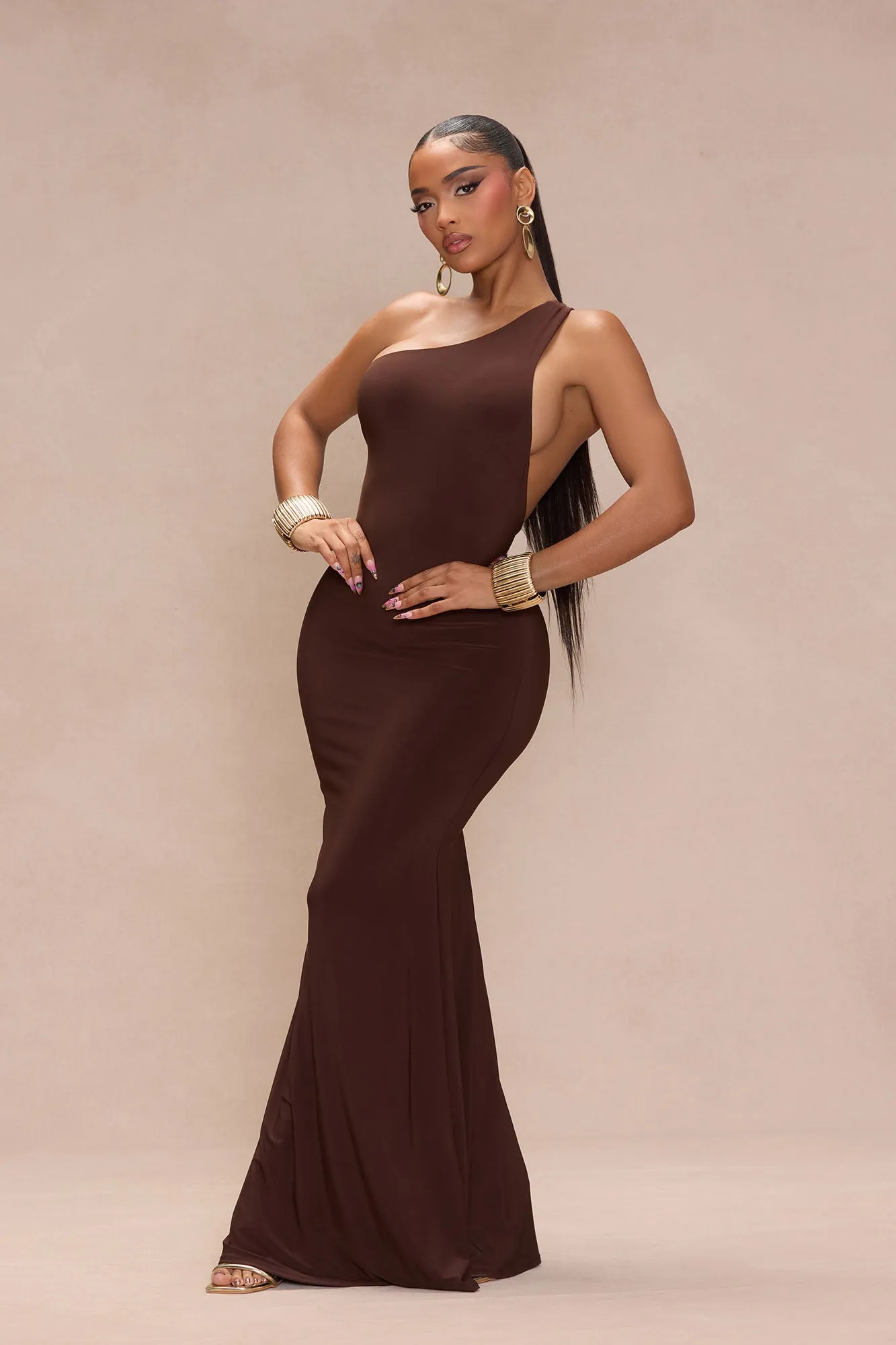 Pia One Shoulder Maxi Dress - Chocolate sold by Fashion Nova