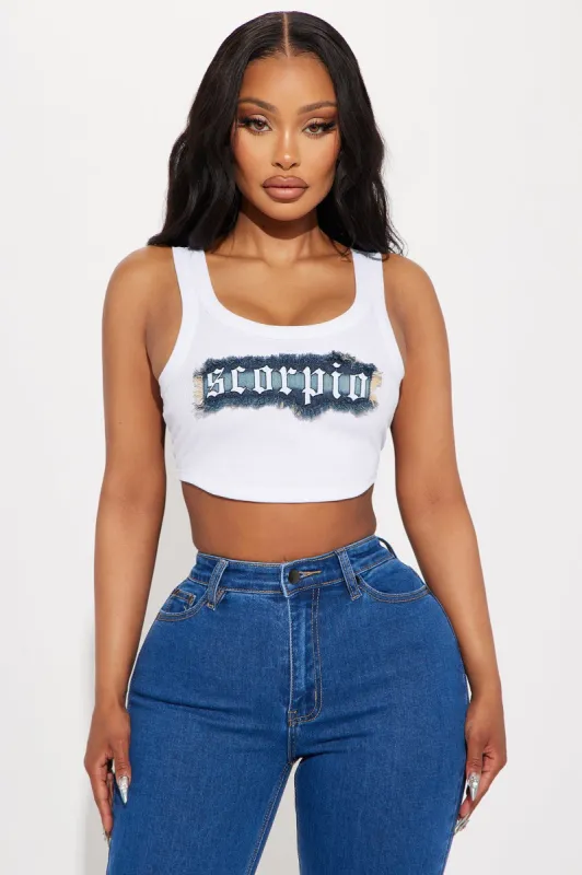 Scorpio Energy Denim Patch Tank Top - White sold by Fashion Nova