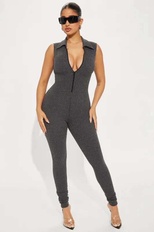 Love Lounge Ribbed Jumpsuit - Charcoal sold by Fashion Nova