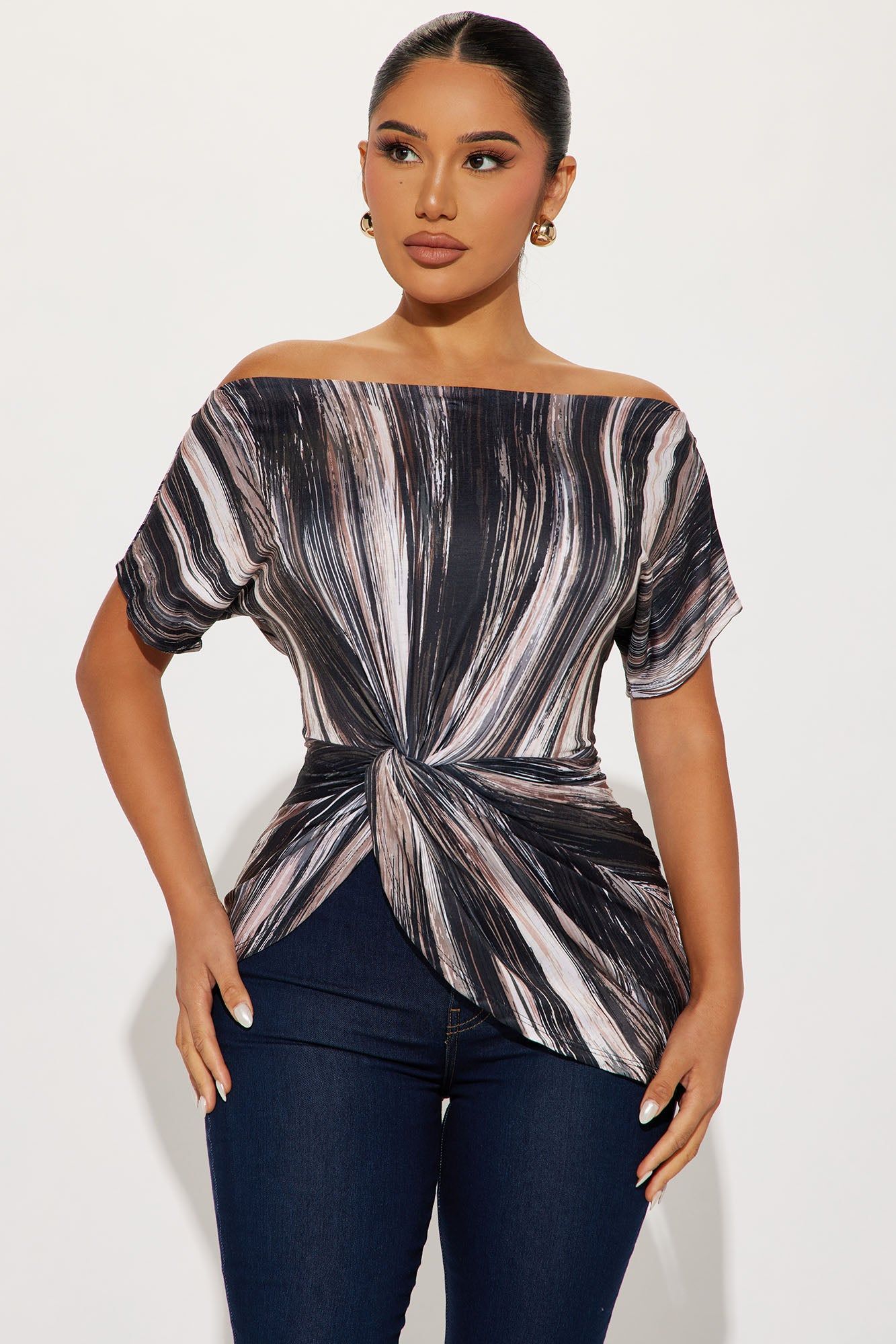 Fine Like Wine Off Shoulder Top - Black/combo sold by Fashion Nova