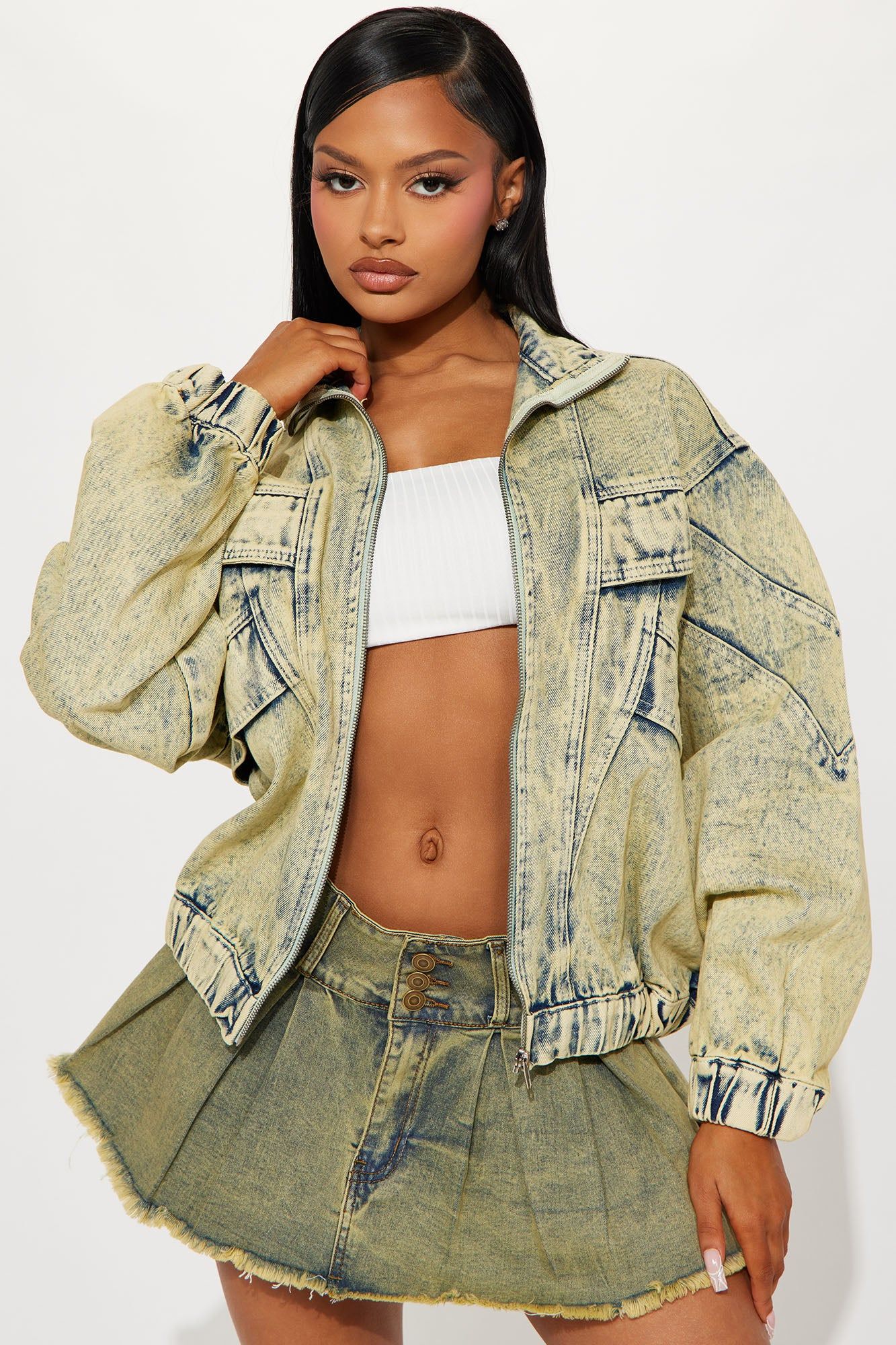 All It Takes Denim Bomber Jacket - Acid Wash sold by Fashion Nova