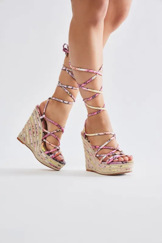 Mayra Wrap Up Wedges - Pink/combo sold by Fashion Nova