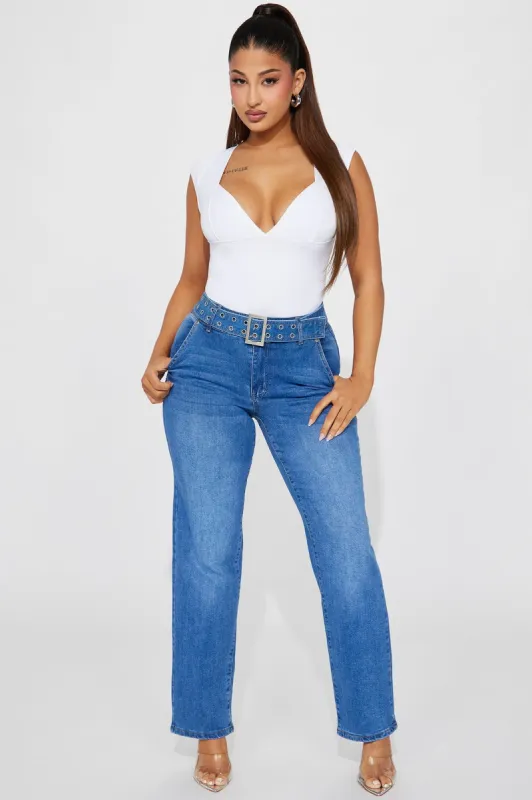 Start It Over Belted Stretch Straight Leg Jeans - Medium Wash sold by Fashion Nova