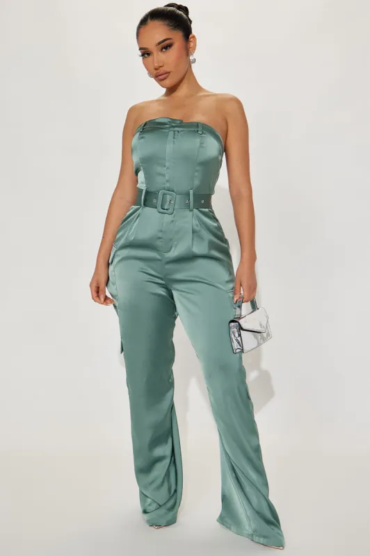 Della Satin Jmpsuit - Sage sold by Fashion Nova