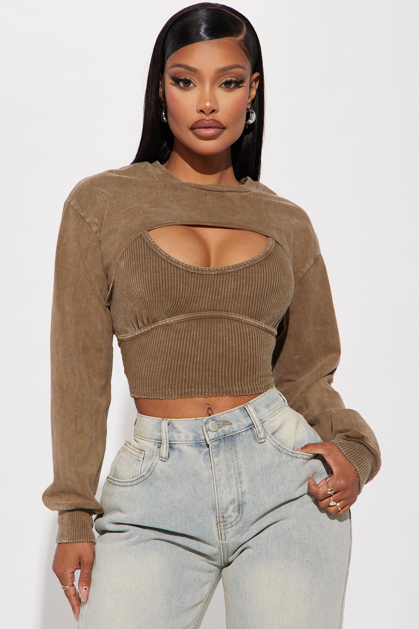 Eden Ribbed Bolero Top - Mocha sold by Fashion Nova