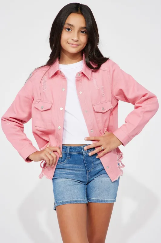 Mini Lola Distressed Twill Jacket - Pink made by Fashion Nova