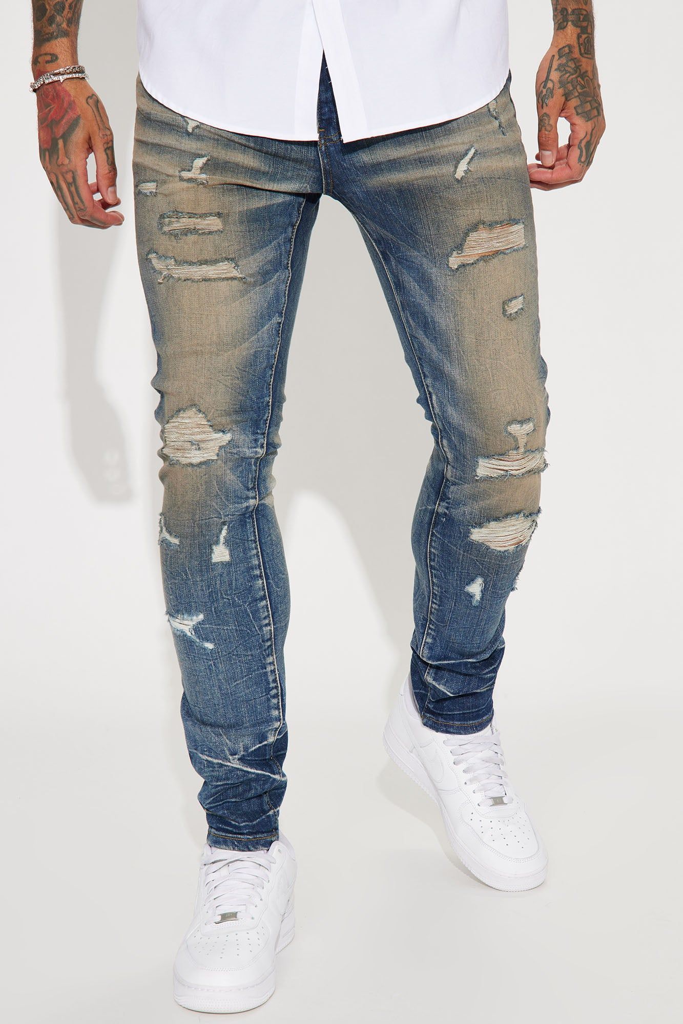 Keep it Pushing Distressed Stacked Skinny Jeans - Vintage Blue Wash sold by Fashion Nova