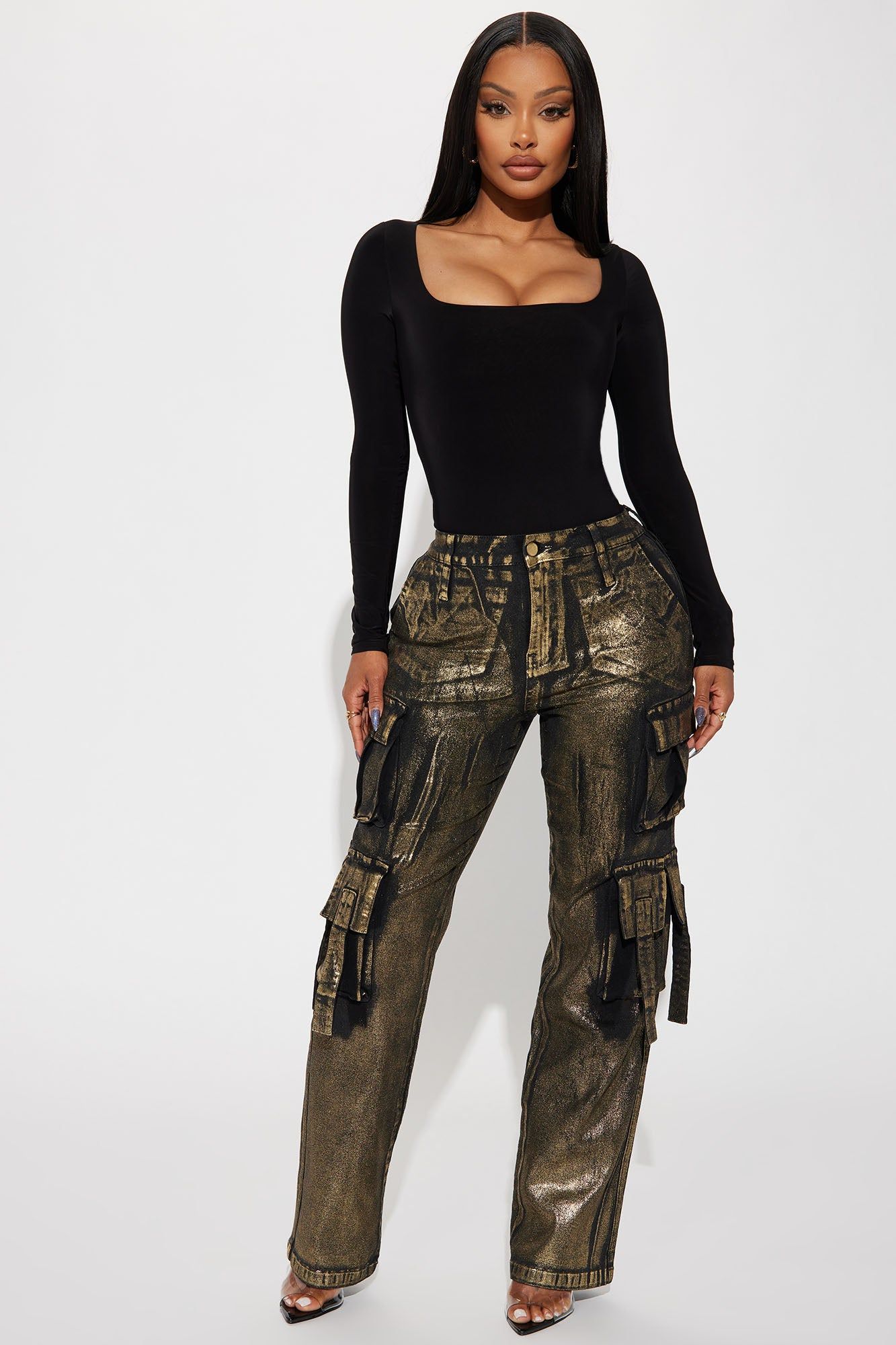 Pure Luxury Metallic Foil Cargo Pant - Gold/combo sold by Fashion Nova