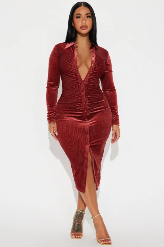 Gabriellina Velvet Midi Dress - Rust sold by Fashion Nova