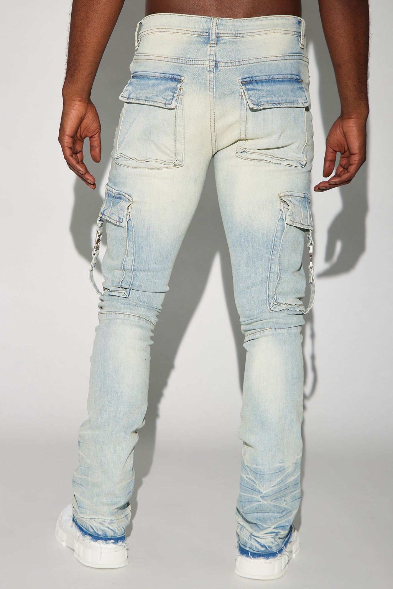 Got Me Buckled Up Stacked Skinny Flare Cargo Jeans - Light Wash sold by Fashion Nova product image thumbnail 5