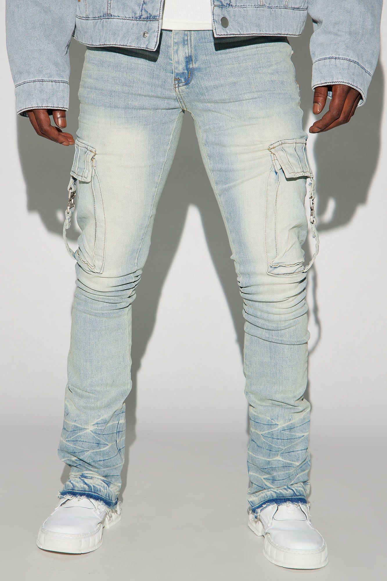 Got Me Buckled Up Stacked Skinny Flare Cargo Jeans - Light Wash sold by Fashion Nova product image thumbnail 2