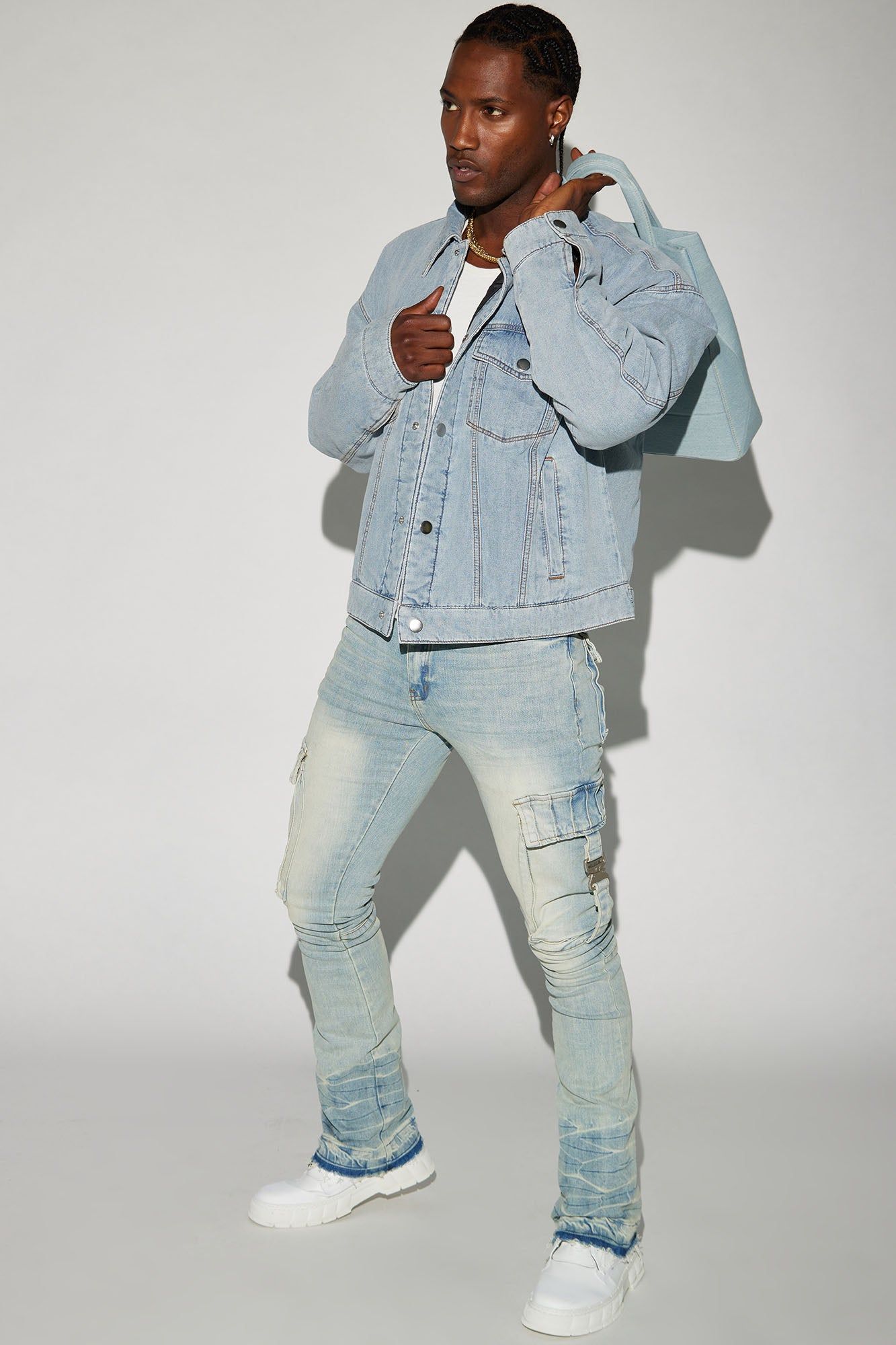 Got Me Buckled Up Stacked Skinny Flare Cargo Jeans - Light Wash sold by Fashion Nova