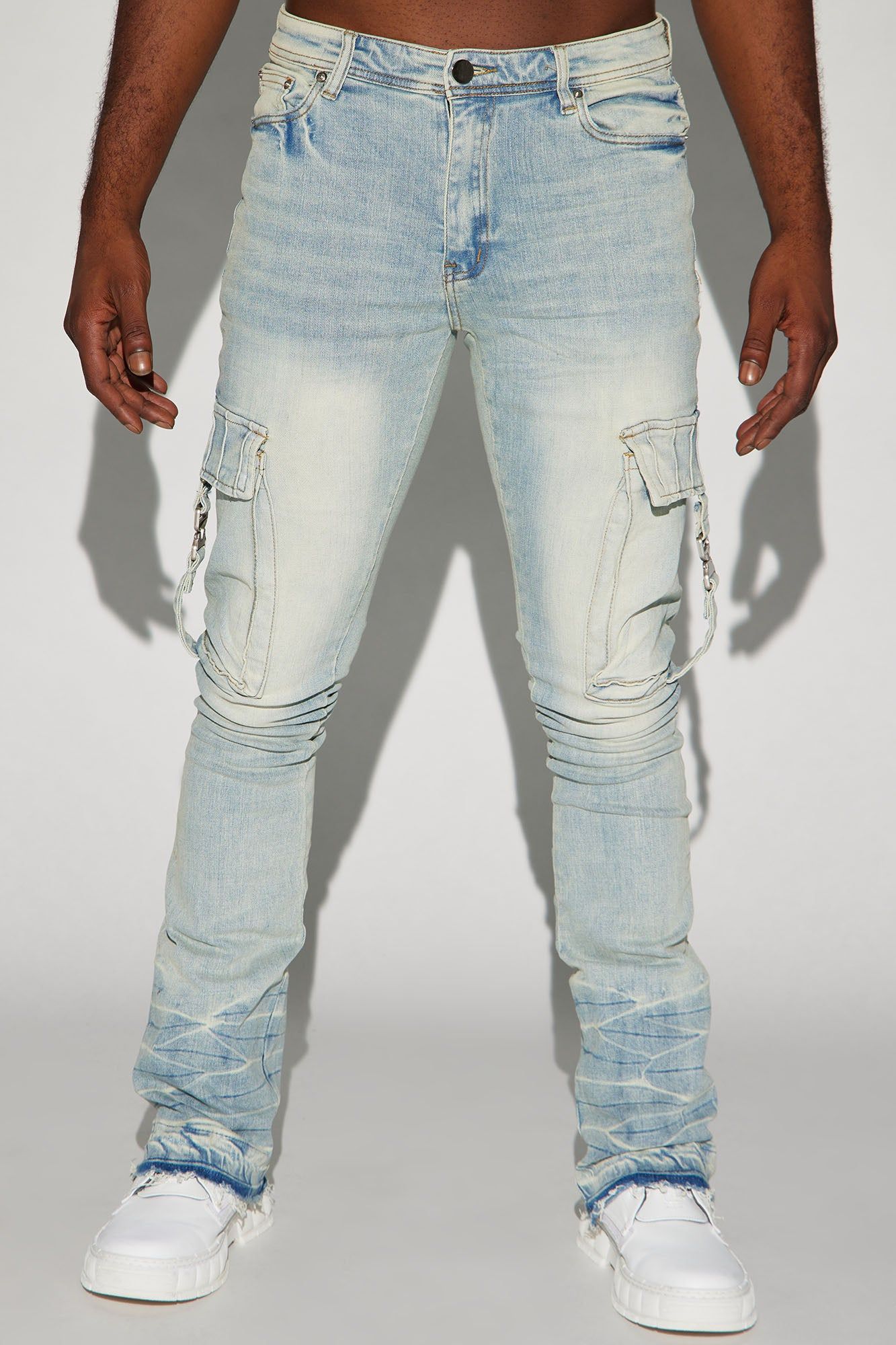 Got Me Buckled Up Stacked Skinny Flare Cargo Jeans - Light Wash sold by Fashion Nova product image thumbnail 3