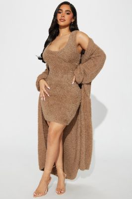 Caitlyn Cozy Mini Dress Set - Taupe sold by Fashion Nova