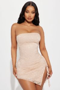 Aia Asymmetrical Lace Mini Dress - Tan sold by Fashion Nova