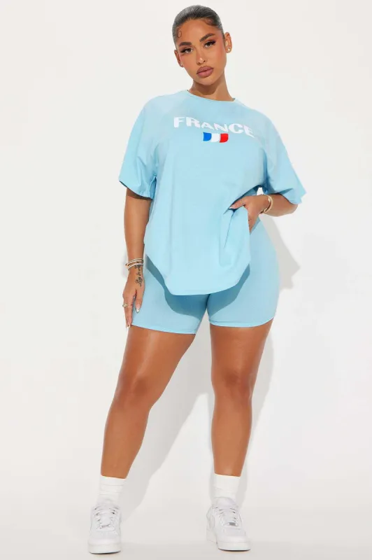 France Babe Biker Short Set - Light Blue sold by Fashion Nova