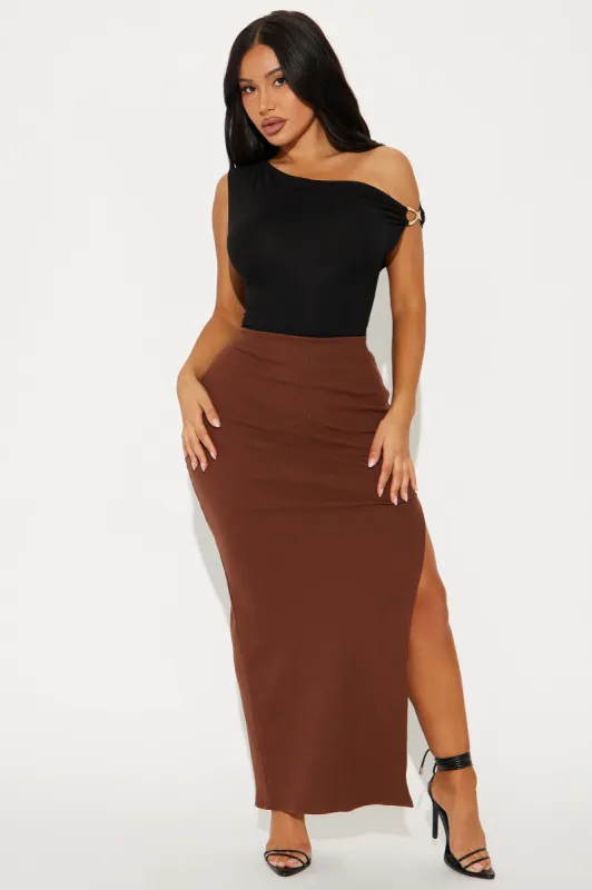 She's A Hugger Ribbed Sculpting Maxi Skirt - Chocolate sold by Fashion Nova