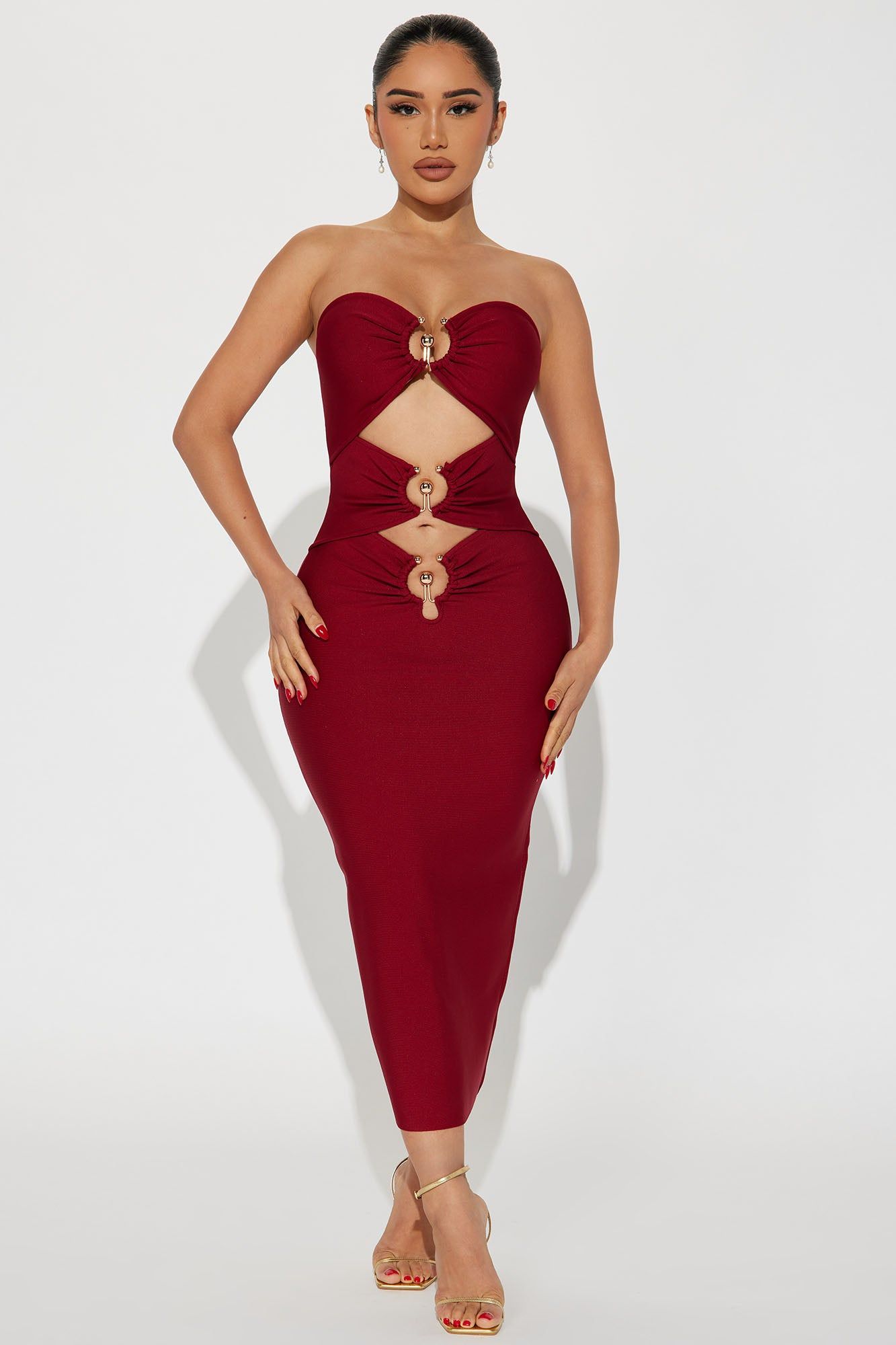 Bec Bandage Midi Dress - Burgundy sold by Fashion Nova
