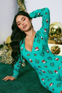 Peanuts Christmas Tree PJ Jumpsuit Onesie - Green sold by Fashion Nova