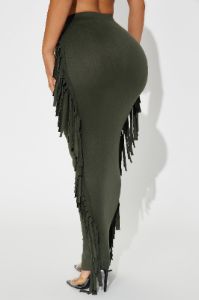 Going Places Fringe Maxi Skirt - Olive sold by Fashion Nova
