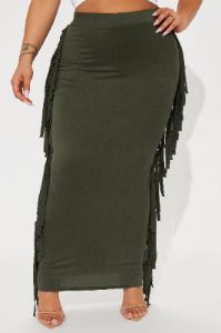 Going Places Fringe Maxi Skirt - Olive sold by Fashion Nova