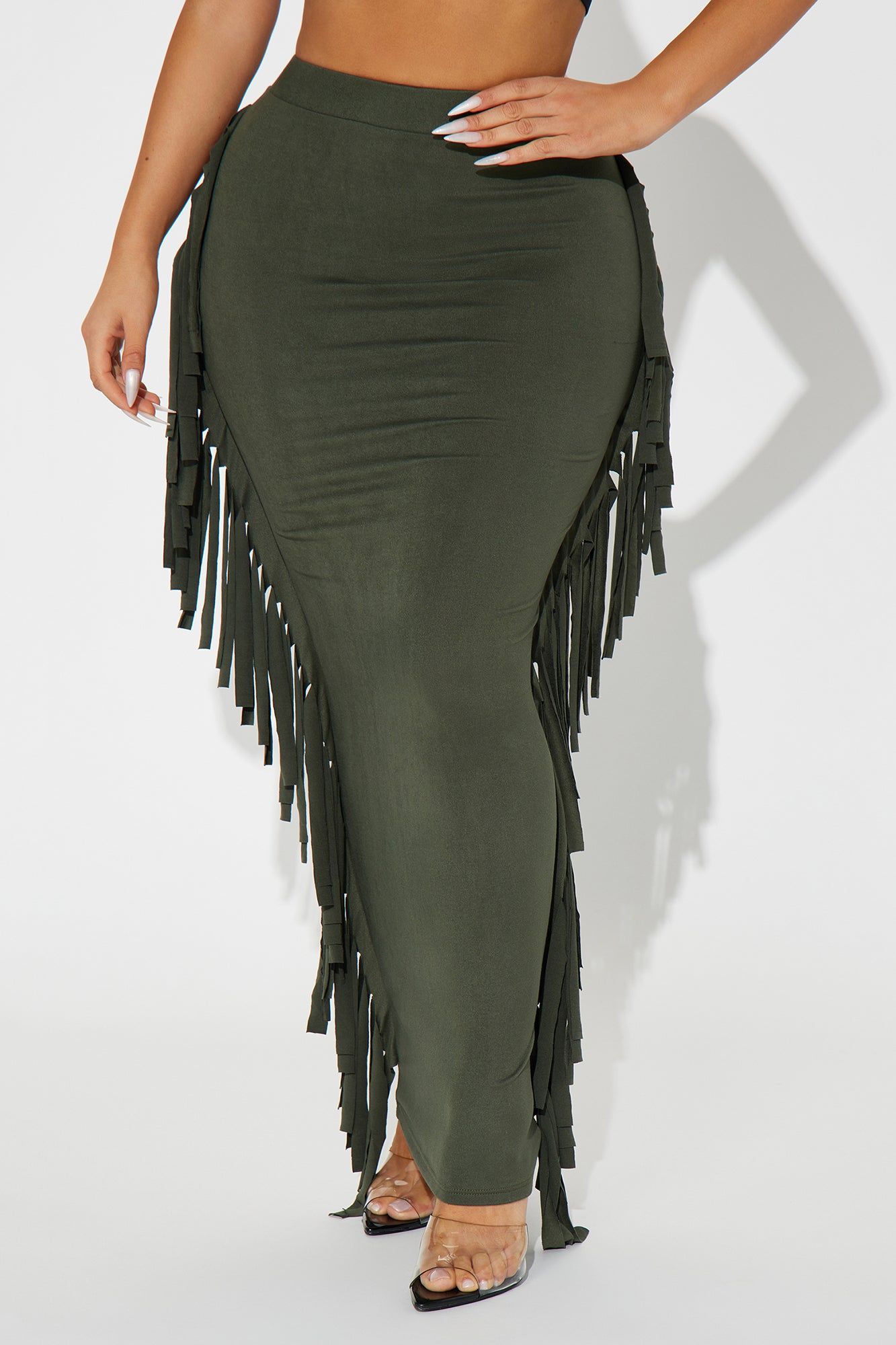 Going Places Fringe Maxi Skirt - Olive sold by Fashion Nova product image thumbnail 2