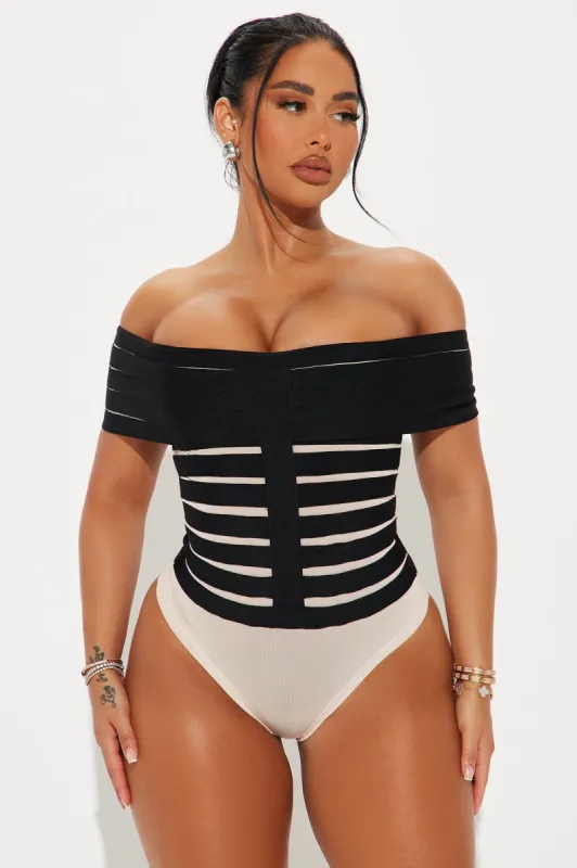 Monica Bandage Off Shoulder Bodysuit - Black/combo sold by Fashion Nova