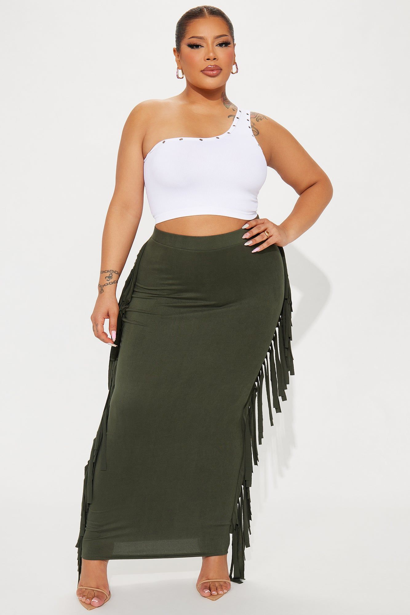 Going Places Fringe Maxi Skirt - Olive sold by Fashion Nova product image thumbnail 4