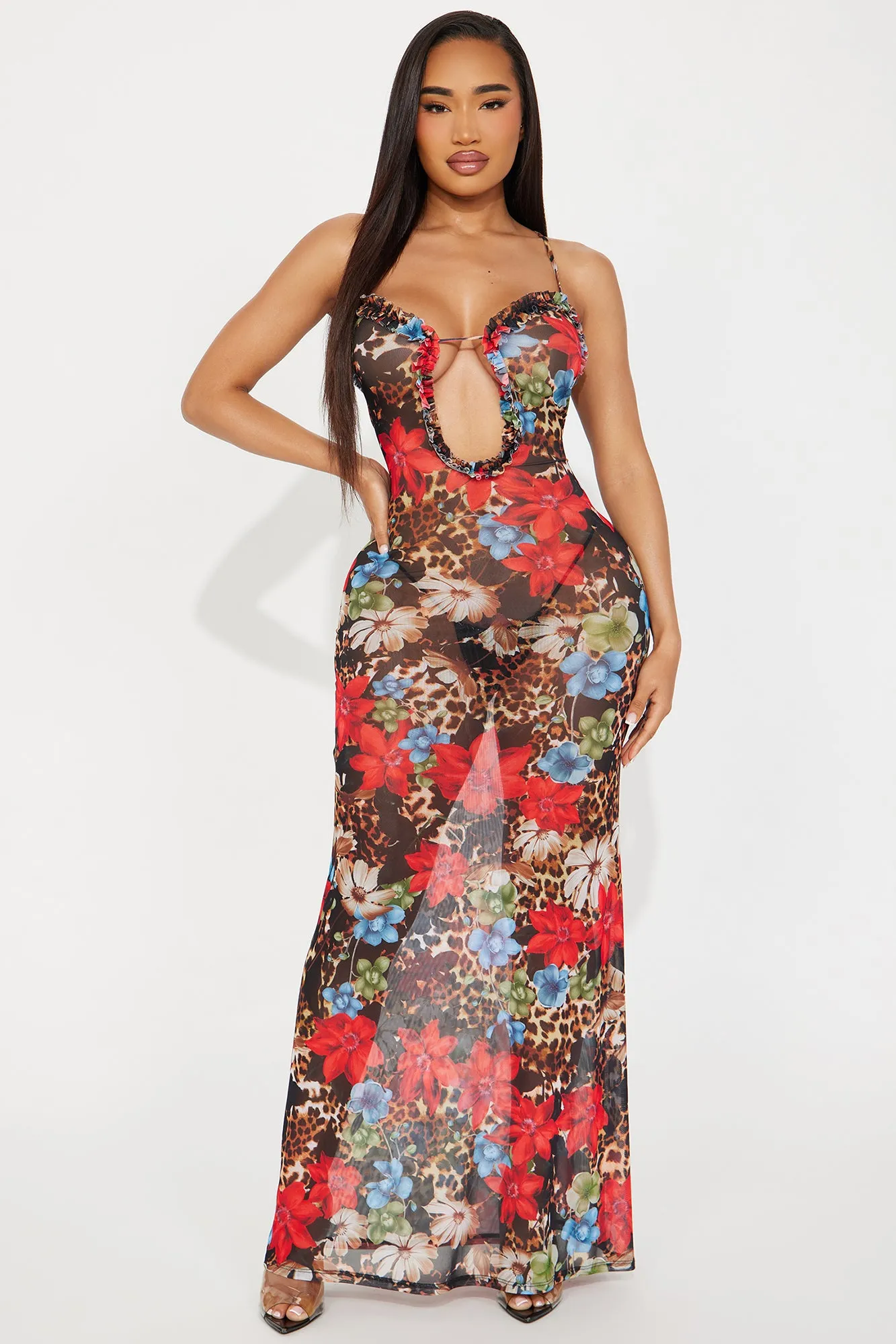 Romance In Paradise Mesh Ruffle Cover Up Dress - Multi Color sold by Fashion Nova