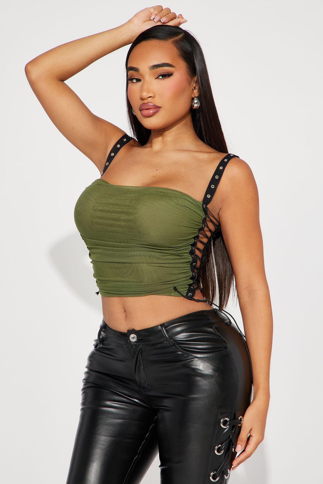 Ariana Lace Up Mesh Top - Olive sold by Fashion Nova