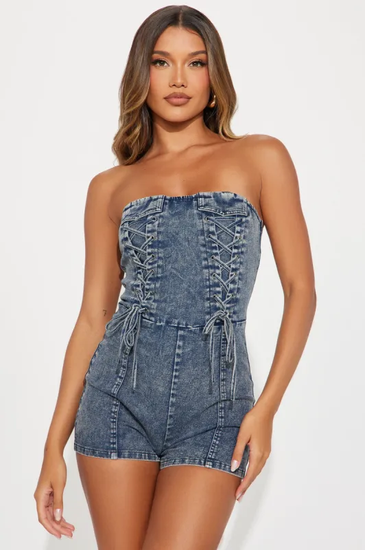One Last Try Denim Romper - Medium Wash sold by Fashion Nova