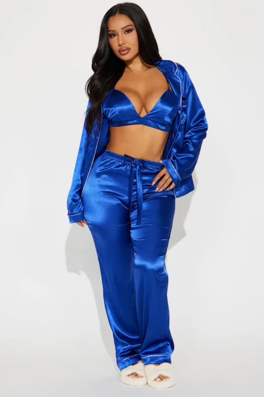Sleeping In Late Satin 3 Piece PJ Pant Set - Navy sold by Fashion Nova