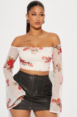 Avery Off Shoulder Top - Cream/combo sold by Fashion Nova