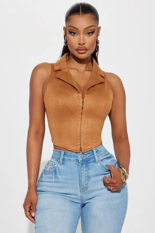 Down South Faux Suede Vest Top - Camel sold by Fashion Nova