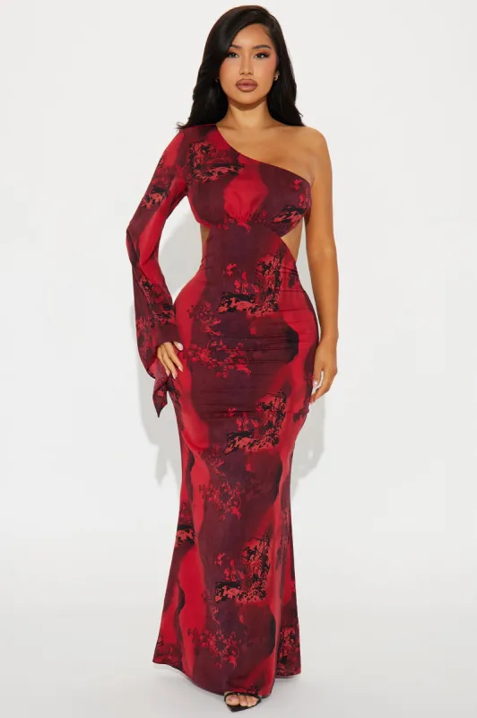 Kim One Shoulder Maxi Dress - Red/combo sold by Fashion Nova