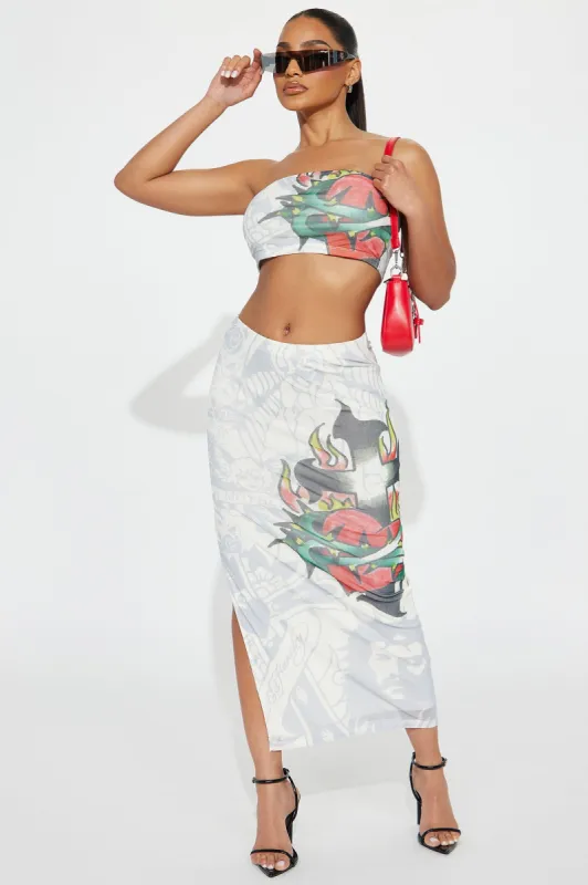 Ed Hardy Sacred Heart Skirt Set - Ivory/combo sold by Fashion Nova