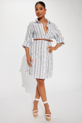 Sara Linen Mini Dress - Blue/combo sold by Fashion Nova