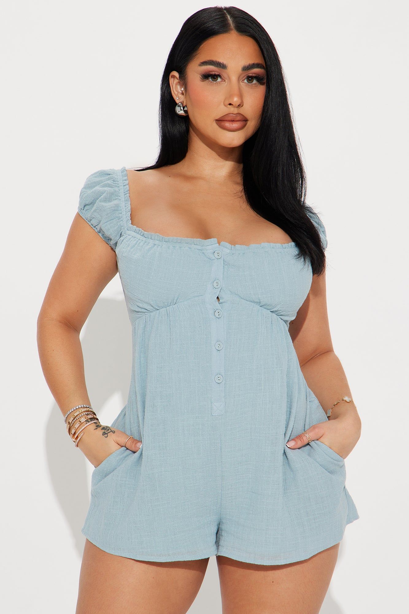 So In Love Babydoll Romper - Light Blue sold by Fashion Nova